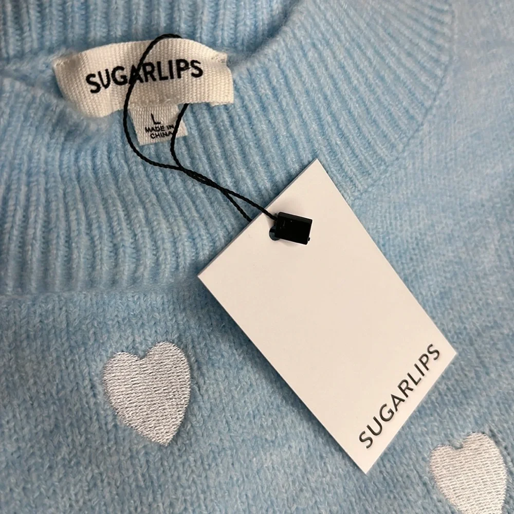 SUGARLIPS LARGE Women’s Long Sleeve NWT EMBROIDERED HEARTS SWEATER - Picture 6 of 6